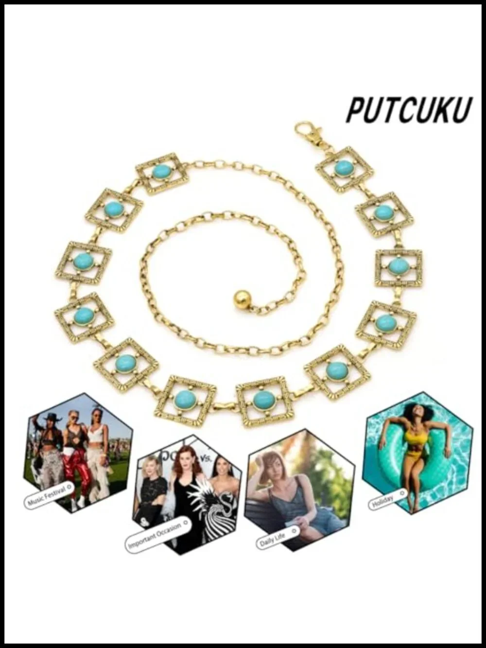 Metal Waist Chain Belt Turquoise Square Link Belt for Dress Western Cowgirl